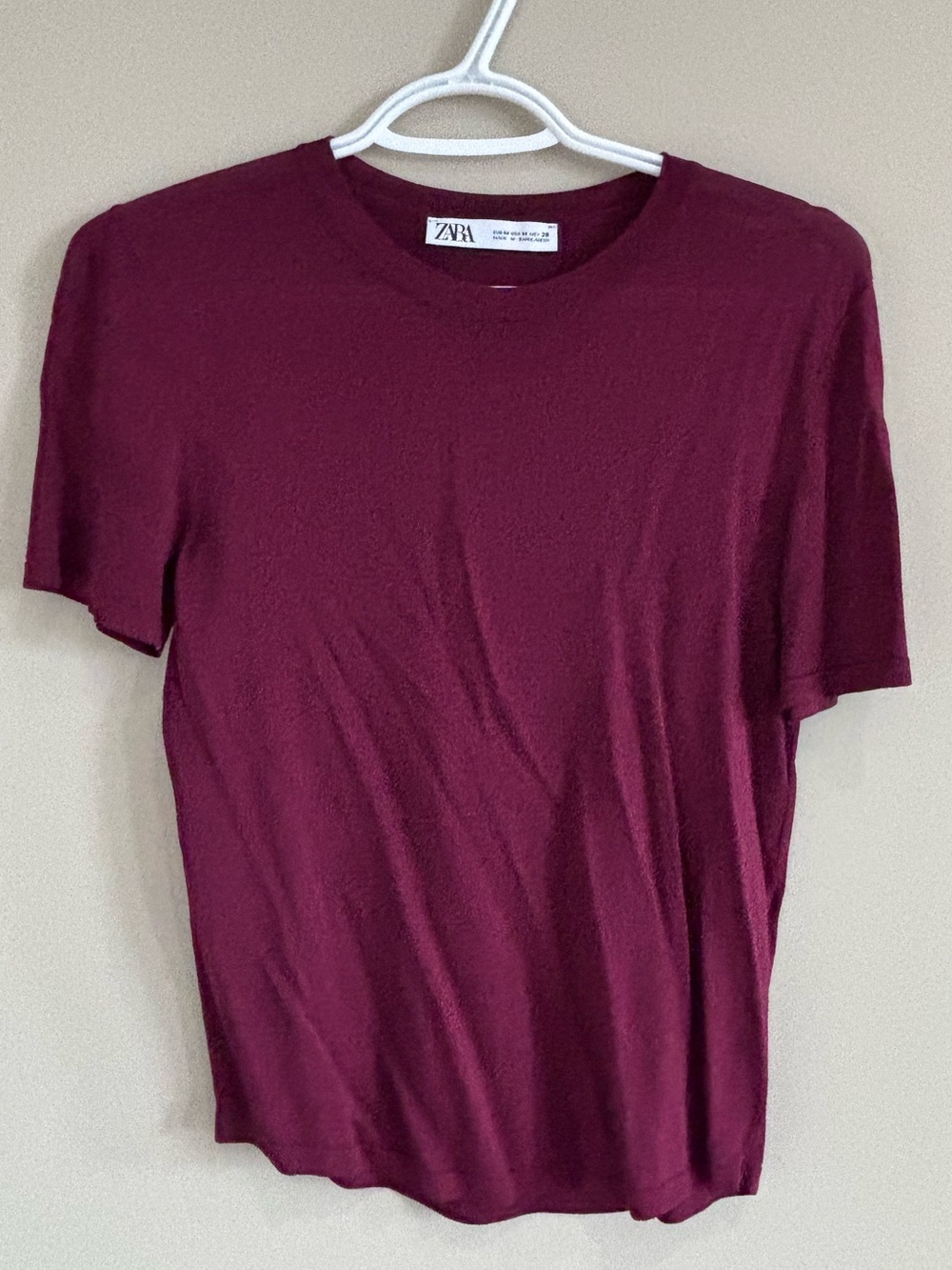ZARA Women's Burgundy Short Sleeve Crew Neck Tee